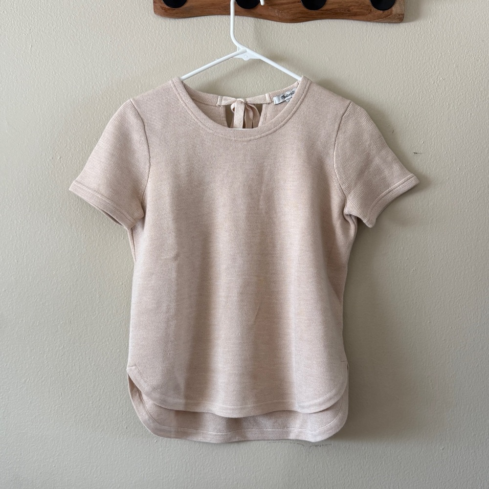 Madewell Wool Blend Bow Crewneck Sweater Knit Top Short Sleeve Blush Pink size S